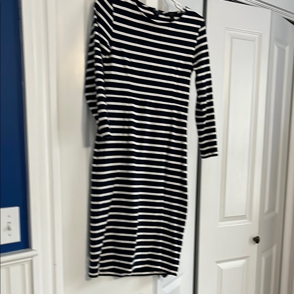 J. Crew Navy and White Sheath Dress 3/4 Sleeve Crew Neck